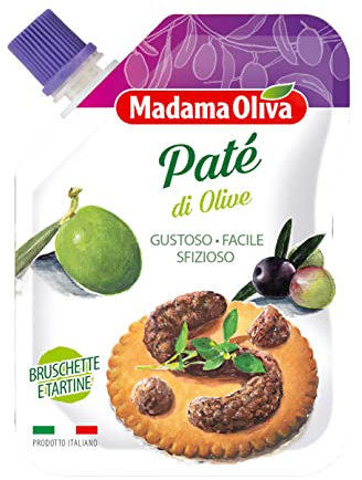MADAMA OLIVA, Paté di Olive Macinate, Ottimo da Spalmare su Crostini Caldi, per Accompagnare Aperitivi e Farcire Bruschette, 100% Made in Italy, Busta Squeeze 110 gr