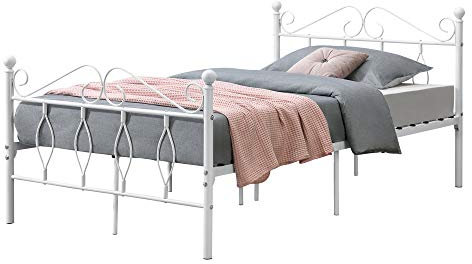 [en.casa] Metallbett 120x200 cm Jugendbett mit Kopf-und Fußteil Einzelbett Bettgestell Metallgestell mit Lattenrost bis 300kg Weiß