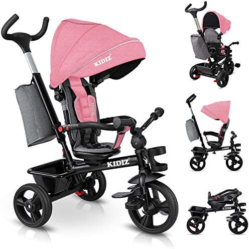 KIDIZ® Dreirad 5in1 Kinderdreirad mit Schubstange Lenksystem Stange ab 1 Jahr, Jogger vorwärts und Rückwärtsfahrt,Korb Tasche Getränkehalter Sonnendach Gummiräder Buggy Fahrrad Baby Klappbar, Rosa