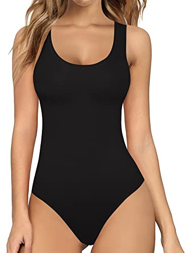 MANGOPOP Women's Tank Top Bodysuit Scoop Neck Sleeveless Body Suits Sexy U-Back Backless Going Out Tops, Black Medium