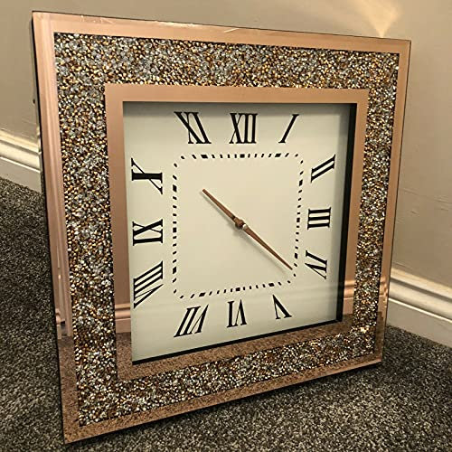 Biznest New Glamorous Rose Gold Crushed Crystal Large Mirrored Wall Clock