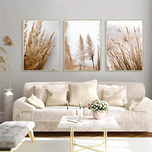 SWECOMZE 3er Moderne Poster Set - Pampas Gras Schilf Beige Natur - Wandbilder Wohnzimmer Deko Schlafzimmer - ohne Rahmen (Stil B,50 x 70 cm)