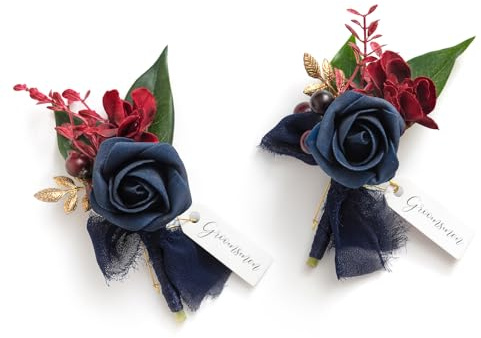 Ling's moment Boutonniere for Men, 2pcs Groom Groomsmen Guest Boutonniere, Artificial Flowers for Wedding/Prom/Homecoming, etc.Navy Blue Burgundy