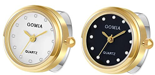JewelryWe 2pcs Ringuhr Fingeruhr Damen Herren Analog Quarz Edelstahl Verstellbar Ring Uhr Fingerringuhr Uhrenring mit Strass Rundem Zifferblatt Gold