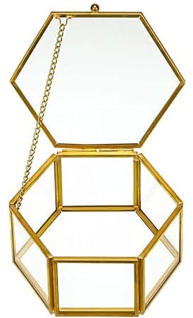 DRERIO glass jewelry box Schmuckschatulle aus Glas, kleine dekorative Schmuckschatulle, durchsichtige Schmuckschatulle, Schmuckaufbewahrungsbox, sechseckiger Ringkasten, Schmuck-Organizer, golden