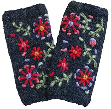 Pachamama Scaldamussi da donna in lana, foderato in pile, lavorato a mano con fiori ricamati, multicolore, taglia unica, fatto a mano, extra caldo, commercio equo e