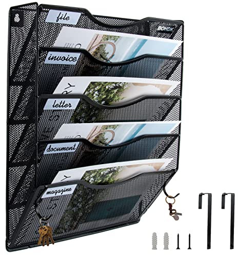 BOHDK Wandordner, Hängeregistratur-Ordner, Post-Organizer, vertikale Netz-Metalltür-/Wandhalterung, Hängeregistraturhalter, Papierdokumente, Zeitschriftenständer mit Haken für Zuhause (5-stufiges)