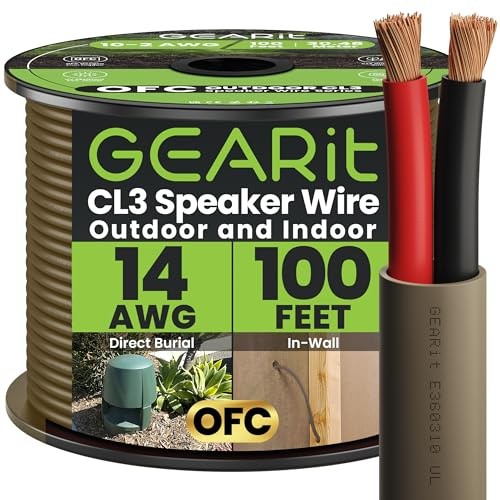 GearIT 14/2 Speaker Cable (300m) 14AWG Gauge, Brown, 2 Conductor/Outdoor Direct Burial in Floor/in Wall/CL3 CL2 Rated - OFC Oxygen Free Copper, Brown 100ft