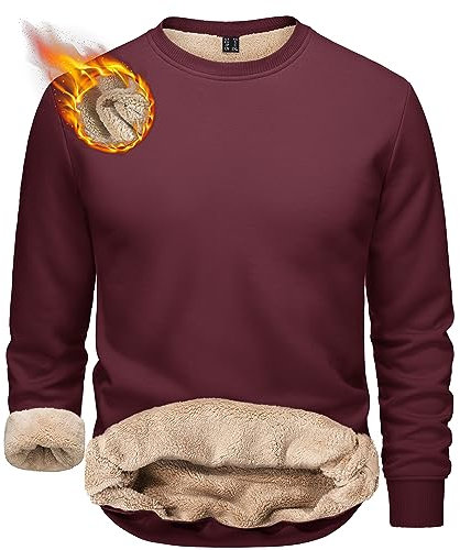 TACVASEN Men's Sherpa Lined Sweatshirts Fleece Pullover Sweater Basic Tops Warm Crewneck Winter Underwear Wine Red,L