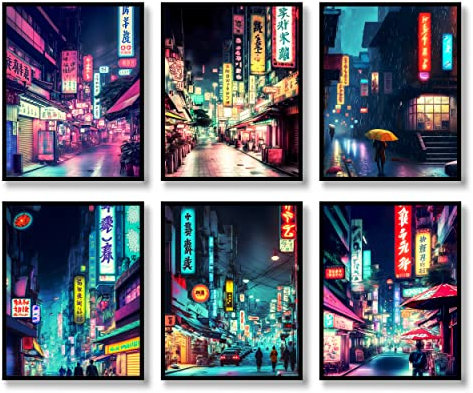 QQQDADA Japanische Wandkunstdrucke, Set mit 6 japanischen Neon-Postern, abstrakte Illustration, Wanddekoration, Tokio-Nacht-Straßen, Bild, Leinwand-Kunst, Gemälde für Wohnzimmer, Schlafzimmer,