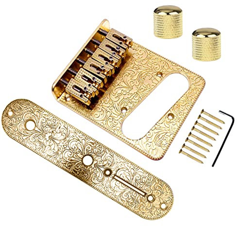 Jiayouy Roller Saddle Bridge Plate with 3 Way Switch Control Plate 2 Knurled Dome Knobs for 6 Strings Tele Telecaster Electric Guitar (Gold B)
