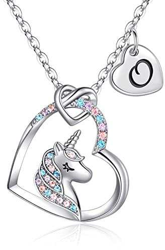 TINGN Einhorn Geschenke für Mädchen Halskette, Weißgold Herz Anhänger Einhorn Halskette für Mädchen Frauen Kette mit Buchstaben O Kette Mädchen Einhorn Schmuck Einhorn Geschenke für Mädchen Frauen