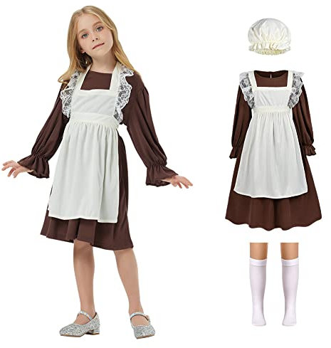 Aomig Victorian Maid Costume for Girls, Medieval Dress with Mop Cap & White Socks, Kids Poor Girl Outfit for Halloween & World Book Day