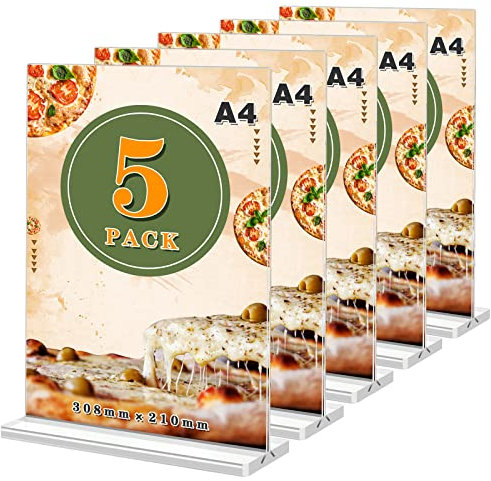 Aufsteller A4/A5 Tischaufsteller,5 Stück Acryl Tischaufsteller Doppelseitiges Din A4/A5 Aufsteller T-Ständer Transparent Werbeaufsteller Menükartenhalter Tischaufsteller für Restaurant,Büro,Cafe (A4)