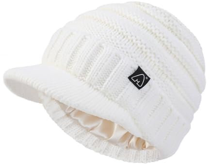 Hat Hut Cappelli da Donna da Uomo in Raso Foderato Cappelli Invernali Caldo Berretto in Maglia Unisex Slouchy Beanie con Visiera (IT, Testo, Taglia Unica, Bianco)