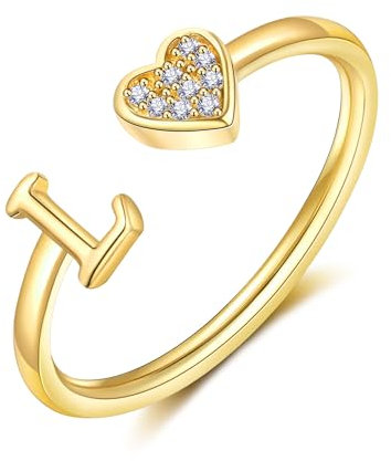 FUNEIA Herz Ring mit Buchstaben Damen Frauen Gold Silber Rosegold Verstellbarer Initiale A-Z Zirkonia Fingerring Stapelring Wasserfest Buchstabering Schmuck Mädchen Geschenkbox