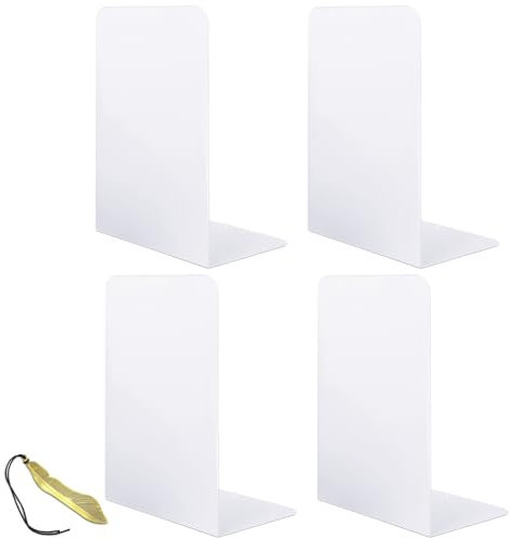 Qualsen Serre Livre Original Cale Livre Etagere Blanc Presse Livre Metal Serre Livres 2 Paires Serre-Livres Bloc Livre pour Étagère pour Maison Bureau Écoles Bibliothèque