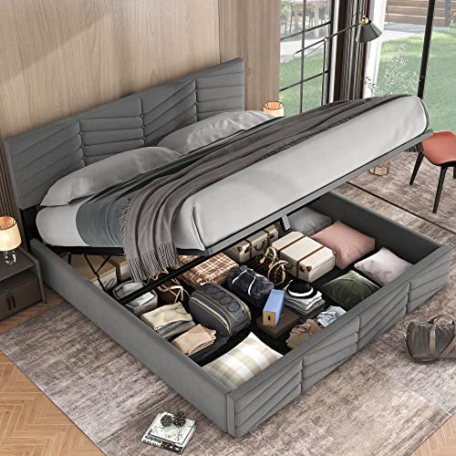 Merax Polsterbett 160x200cm mit Lattenrost und Verstellbares Kopfteil, Doppelbett mit Stauraum, Hydraulisches Funktionsbett für Erwachsene & Jugend, Samtstoff, Grau (Ohne Matratze)