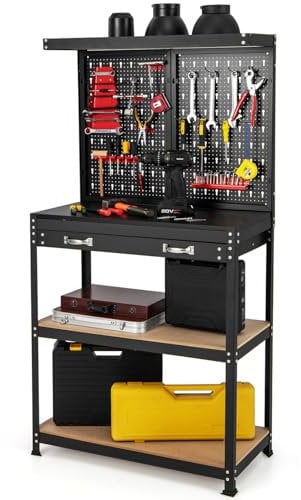 COSTWAY Workbench with Pegboard, Metal Garage Work Bench with 13 Hanging Accessories & Drawer, Heavy Duty Tool Storage Workstation Unit for Workshop Warehouse, 80x41x156cm, 290kg Capacity (Red+Black)