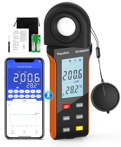 Luxmetro Bluetooth Professionale, WapoRich Misuratore di Luce Digitale Misura 1~400.000 Lux/FC con Temp Ambientale e Schermo Retroilluminato per Piante, Esposimetro Fotografico e Luci LED - RQ-5000APP