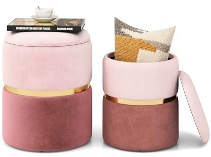 COSTWAY 2er-Set Sitzhocker Samt, Ottomanen mit 32L + 21L Stauraum, Pouf Hocker, runde Couch Beistellhocker Fußhocker für Wohnzimmer & Schlafzimmer, Schminktisch (Rosa)