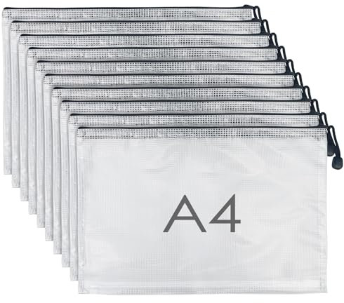 Dunkwckore Dokumententasche A4, 10 Stück Zip Beutel, Transparente Wasserdichte Document Case, Mesh Plastic Zip Bag für Datei, Papier, Dokumente, Kosmetika, Hausaufgaben, Quittungen und Reisezubehör
