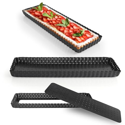YKUKIZEE 2PCS Rectangle Perforated Quiche Tin with Loose Base Flan Tins 14 | Non-Stick, Oblong, Long, for Oven Baking Crispy Tart Pie Dish, Fluted, Rectangular, with Removable Bottom
