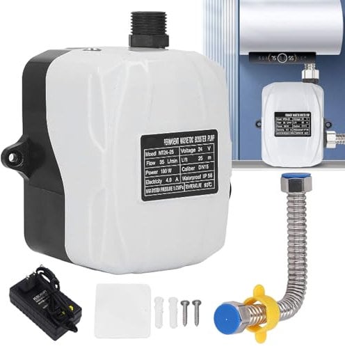 Bomba Elevadora de Presión, 180W DC 24V DN15 1/2 Bomba Elevadora Automática de Bajo Ruido IP56 Bomba Impermeable de Alta Presión para Fregadero de Cocina Ducha Grifo de Jardín, Enchufe de la UE