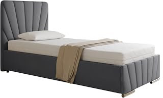 PANDA MÖBEL Polsterbett 90x200 cm - RAY Kollektion - Modern Bett mit hochwertiger Taschenfederkernmatratze Pocket - Polsterbett mit Bettkasten für Schlafzimmer - Grau