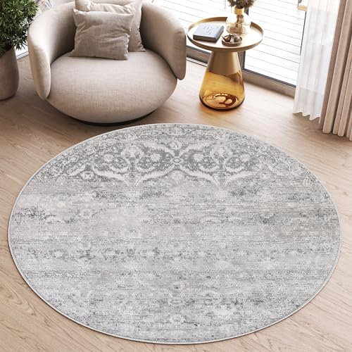 TAPISO Sky Rund Teppich Kurzflor Modern Grau Creme Ornament Floral Design Meliert Vintage Wohnzimmer Schlafzimmer 3D Optik ÖKOTEX 100 x 100 cm
