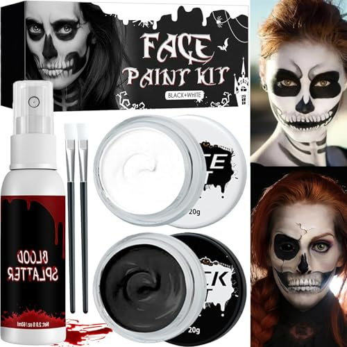 Schwarz-Weiß Halloween Schminke Set - Theaterschminke Kunstblut, Make Up für Cosplay Vampir Skelett Clown Party