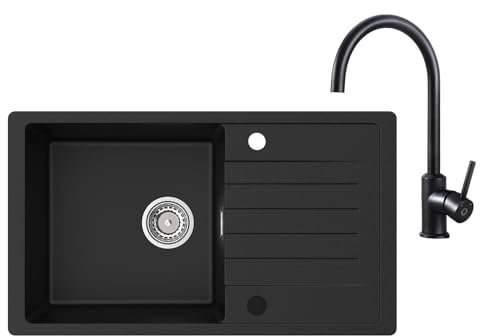 CECIPA Lavandino Cucina 1 Vasca con Gocciolatoio 78 x 45 cm Nero + Rubinetto Cucina Nero, Lavabo Cucina in Granito con Sifone Classico e troppopieno, Lavandino Cucina Installazione Reversibile