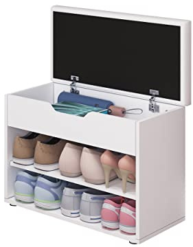 Shoe Storage Bench with Cushion Lift Top Storage 2 Tier Shoe Rack White | Padded Seat Cushion, Hidden Storage Compartment, Adjustable Shelf, Space Saving Design, Entryway Organisation