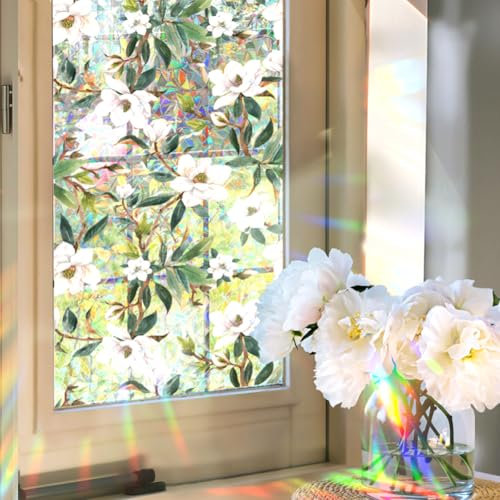 GORGECRAFT 100x43cm Leaf Flower Window Privacy Film 3D Plastic Rainbow Non-Adhesive Stained Window Sticker Static Glass Cling Sun Blocking UV Proof Holographic Prism Decals for Room Home
