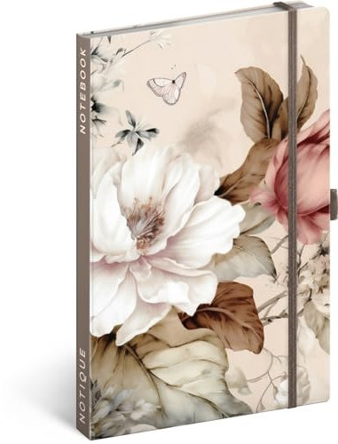 NOTIQUE Notizbuch Liniert mit Gummiband 13x21cm ca. A5, Designer Hardcover Notebook, Notizblock, Notizheft, Journal, Tagebuch für Erwachsene, Damen (Puderblumen)