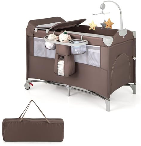 COSTWAY 5 in 1 Lettino per Bambini con Materasso, Lettino Culla da Viaggio per Neonati, Culla Neonato con Fasciatoio, Box Portatile Pieghevole, con Ruote e Borsa, 125 x 65 x 119 cm (Caffè)