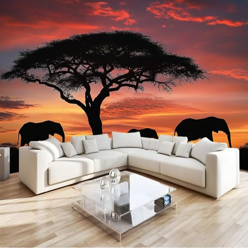 Fototapete 3D Effekt Afrika Elefant Sonnenuntergang Tapete Fototapeten Vlies Tapeten 250x175 cm Vliestapete Wandtapete Moderne Wand Schlafzimmer Wohnzimmer Wand tapete