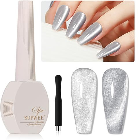 SUPWEE Cat Eye UV Gel Nagellack 15ML Smoothies Cat Eye Gel mit Magnet Silber 9D Cateye Effect UV Nail Polish Glitzer Holografisches Nail Art Manicure Salon Home DIY