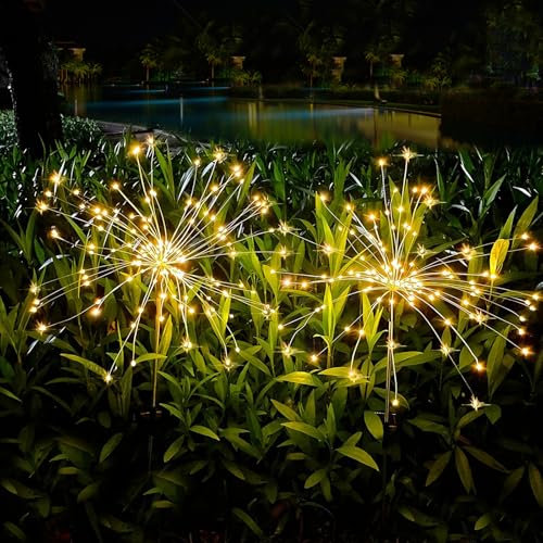 Fosingut Lampe Solaire Exterieur Jardin 2 Pièces 120 LED Feu d'artifice Solaire,Étanche Lumière Lampes Solaires de Pissenlit,Blanc Chaud Decoration Noel Exterieur Éclairage pour Pelouse,Chemins,Fête