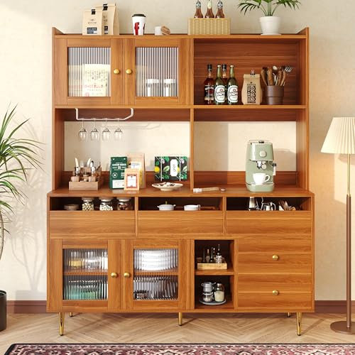 Merax Buffetschrank, 170cm Küchenschrank, Vitrinenschrank Hochschrank mit 4 Türen, Buffetschrank Mehrzweckschrank für Küche Wohnzimmer Esszimmer, Walnussbraun/145 x 39 x 171 cm