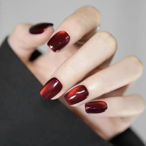 30PCS Red Fake Nails - Cat Eye False Nails with Glue - Square Press on Nails - Short Red False Nails - Glossy Full Cover Long Lasting Stick on Nails - Removable DIY Nail Art Gifts for Women Girls