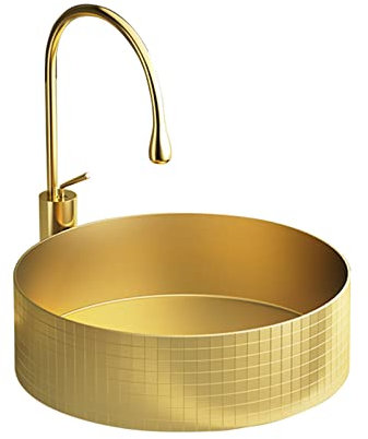 CAFIEDR Lavandino del Bagno Lavandino da appoggio per Il Bagno, Lavandino da appoggio Rotondo da 15,7, Moderno lavabo da appoggio in Acciaio Inossidabile Dorato di Lusso con Rubinetto