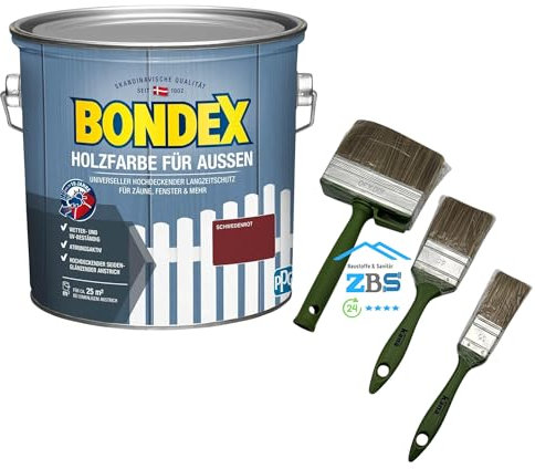 zbs24 Bondex Holzfarbe für Außen, hochdeckender Wetterschutzanstrich, Wetter- & UV-beständig, atmungsaktiv inkl. 3-teiligem Pinselset (schwedenrot, 7,5 Liters)