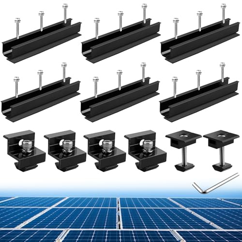 Anbte Kit de 12 Fixations en Aluminium pour Panneaux Solaires | 6 Rails Courts de 200mm, 4 Pinces d'Extrémité en Z et 2 Pinces Centrales Supports en T, pour 30/35mm Panneau Solaire, Noir
