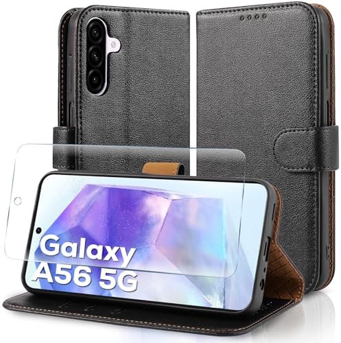 Case Collection for Samsung A56 5G Phone Case and Screen Protector - Leather Folio Flip [Kickstand] Shockproof Cover [RFID Blocking] Magnetic Wallet for Samsung Galaxy A56 5G Case Black