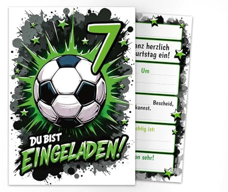 Junaversum 12 Einladungskarten zum 7. Kindergeburtstag Jungen Fußball Fussball Kinder coole bunte Einladungen siebte Geburtstag Geburtstagseinladungen Kids