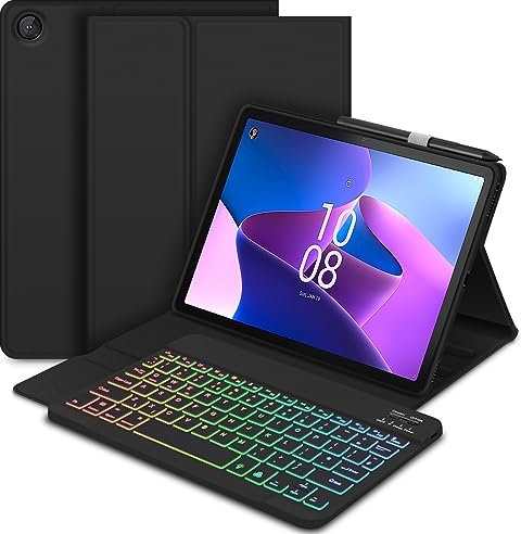 Bettdow für Lenovo Tab M10 Plus 3rd Gen 10.6 Zoll 2022 Tastatur Hülle, QWERTZ Layout Abnehmbarer Beleuchtete Tastatur mit Hülle für Lenovo Tab M10 Plus 3.Gen TB125FU/TB128FU/TB128XU, Schwarz