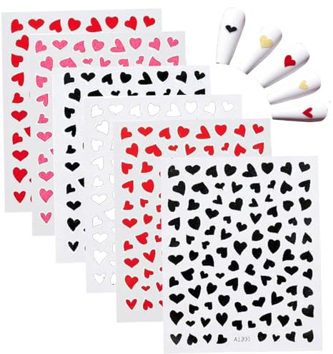 6 Sheets Heart Nail Stickers, Cute Hollow Heart Shape Valentines Nail Stickers, Self-Adhesive for Art, Safe Art Decals Decoration for Women Girls.