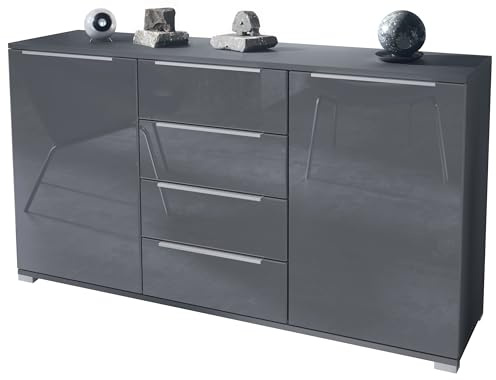 Vladon Sideboard Linio V1, Anrichte mit 2 Türen und 4 Schubladen, Anthrazit matt/Grau Hochglanz (138,5 x 75,5 x 35 cm)