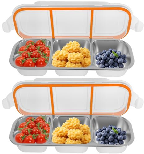 2 Stück Snackbox mit Fächern Edelstahl, Snack-Behälter mit 3 Fächern Auslaufsichere Frühstücksbox Snack Pack Container Wasserdichte Nachhaltige Dose mit Fächer Dichtungen für Schule,Arbeit(B)